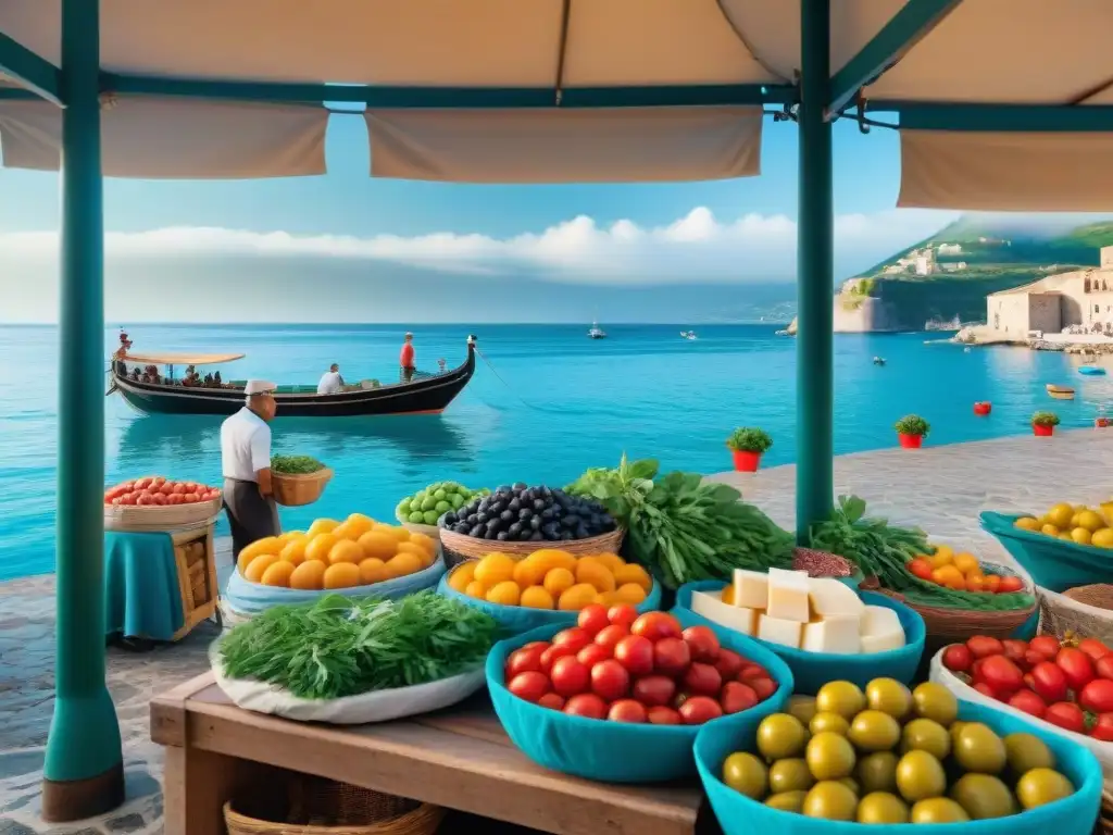 Mercado local vibrante en islas italianas: sabores y colores mediterráneos Un vibrante mercado local en las islas italianas, repleto de puestos de colores con productos frescos como tomates, hierbas y aceitunas