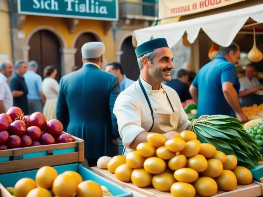 Mercado local vibrante en Sicilia: colores, aromas y tradición Un vibrante mercado local en Sicilia, Italia, con productos frescos, quesos artesanales y mariscos locales