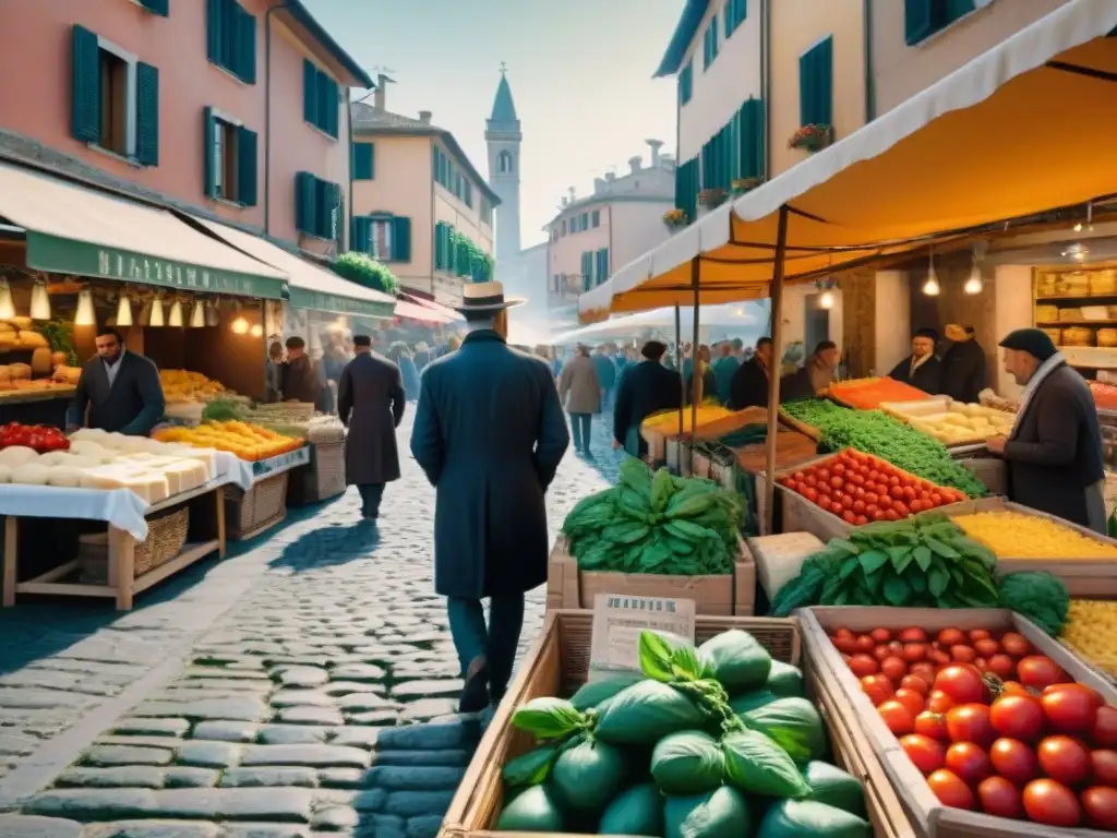 Un vibrante mercado local en Italia con puestos coloridos de productos frescos como tomates y albahaca