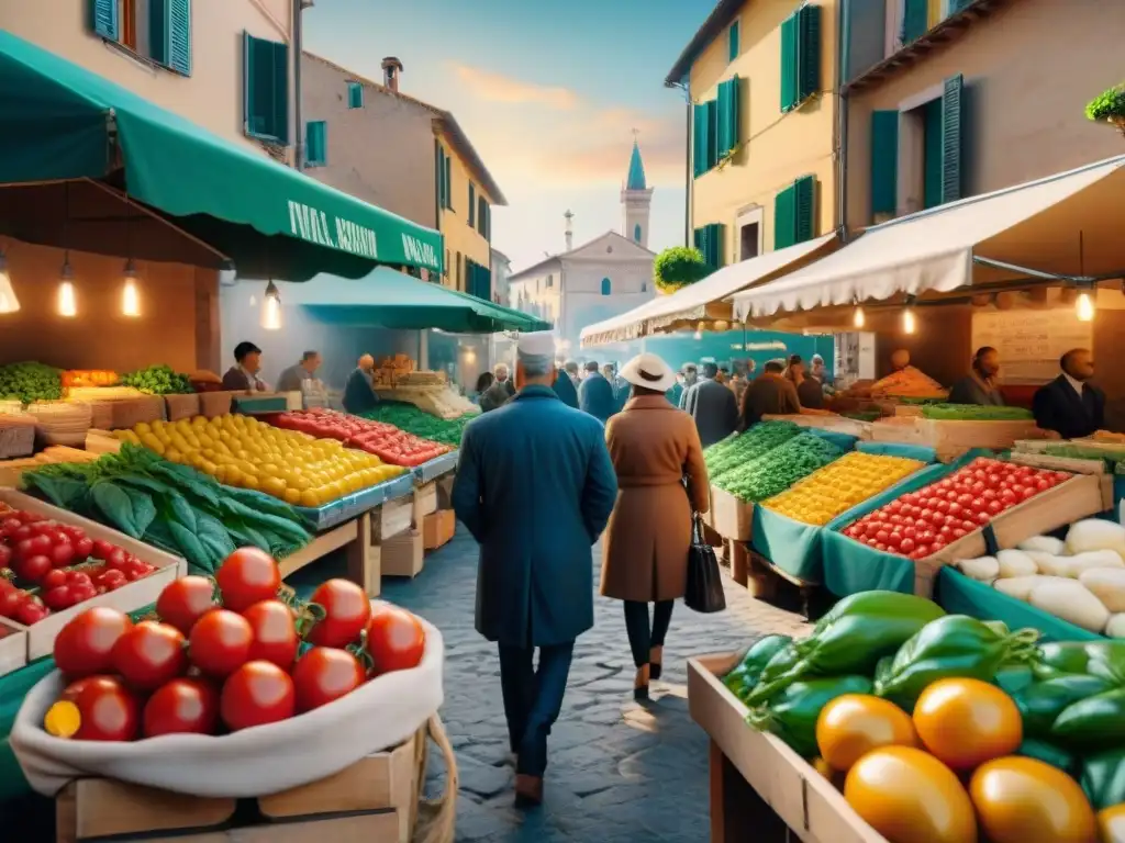 Un vibrante mercado local en Italia con variedad de productos frescos y vendedores interactuando, reflejando la influencia en la cocina italiana