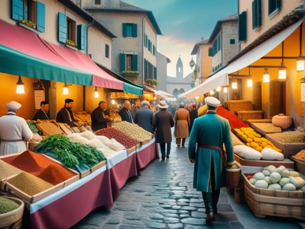 Vibrante mercado medieval en Italia con influencia de las Cruzadas en la gastronomía italiana