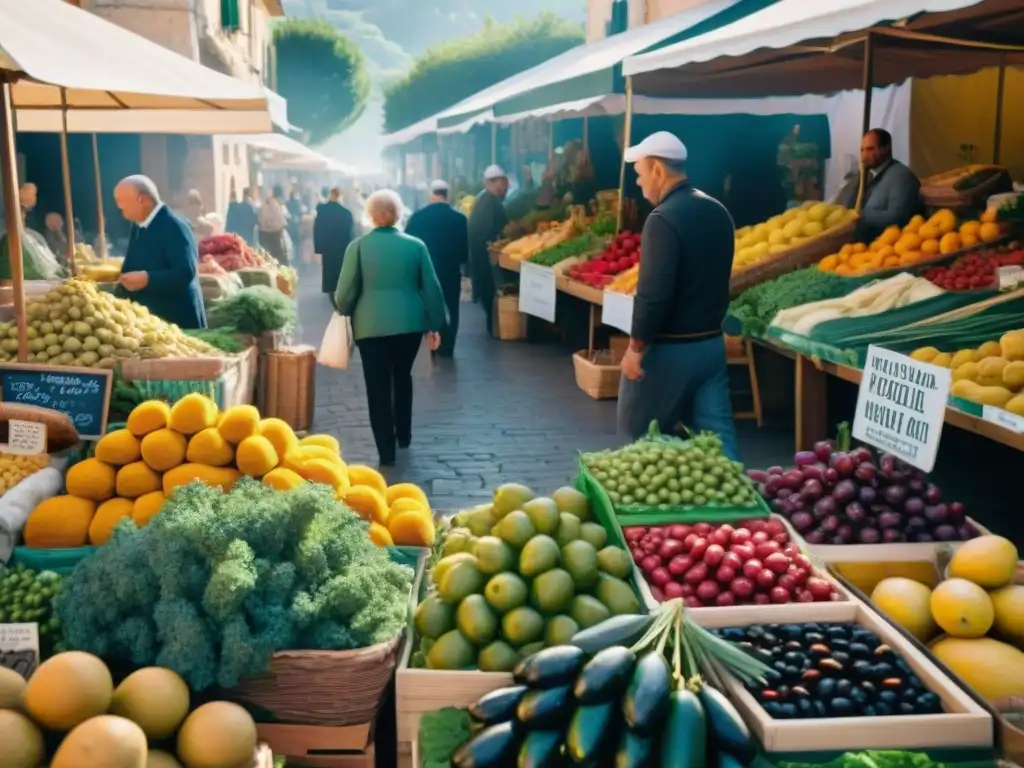 Un vibrante mercado mediterráneo lleno de colores y sabores, reflejando la esencia de la Dieta Mediterránea para perder peso