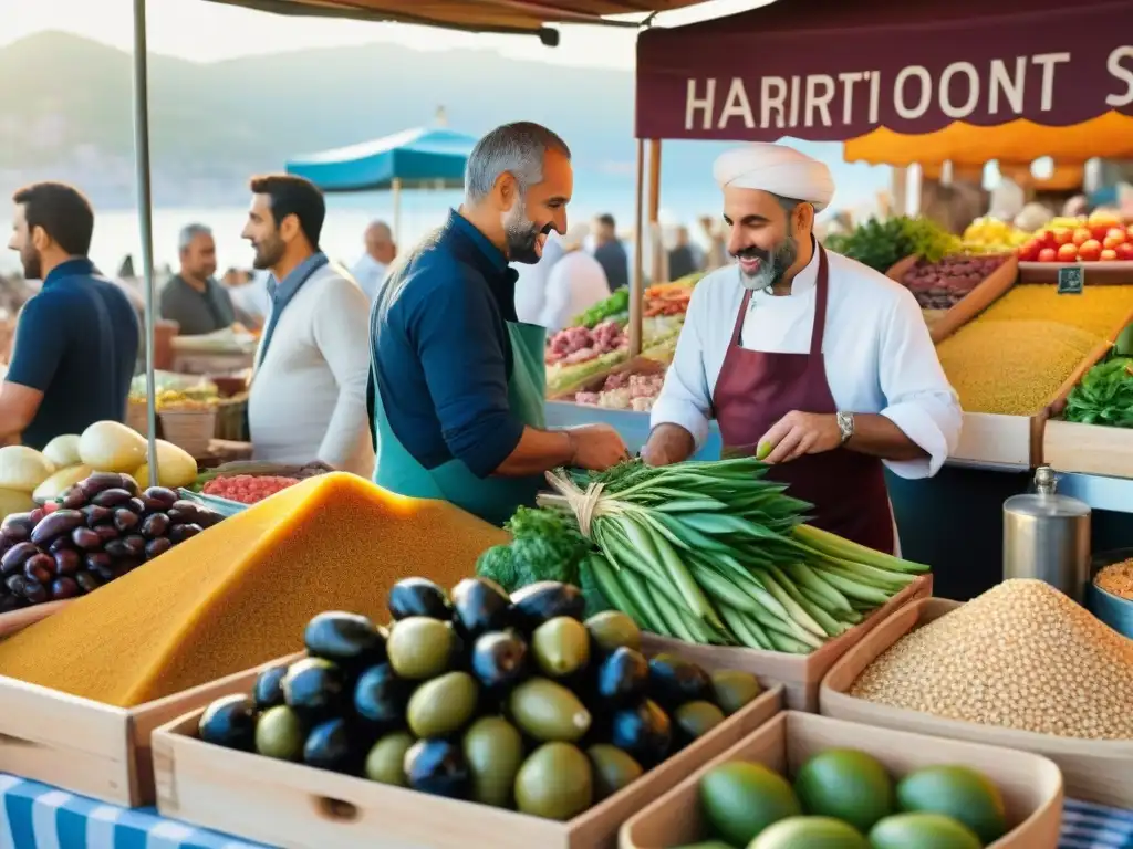 Un vibrante mercado mediterráneo, con puestos rebosantes de frutas, verduras, aceitunas, aceite de oliva, granos enteros y mariscos frescos