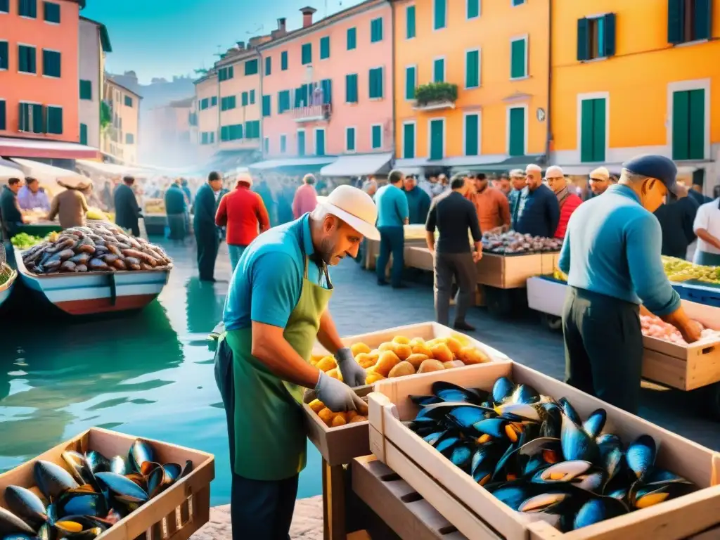 Vibrante mercado de pescado italiano al amanecer, evocando la historia y la cocina tradicional del Cioppino