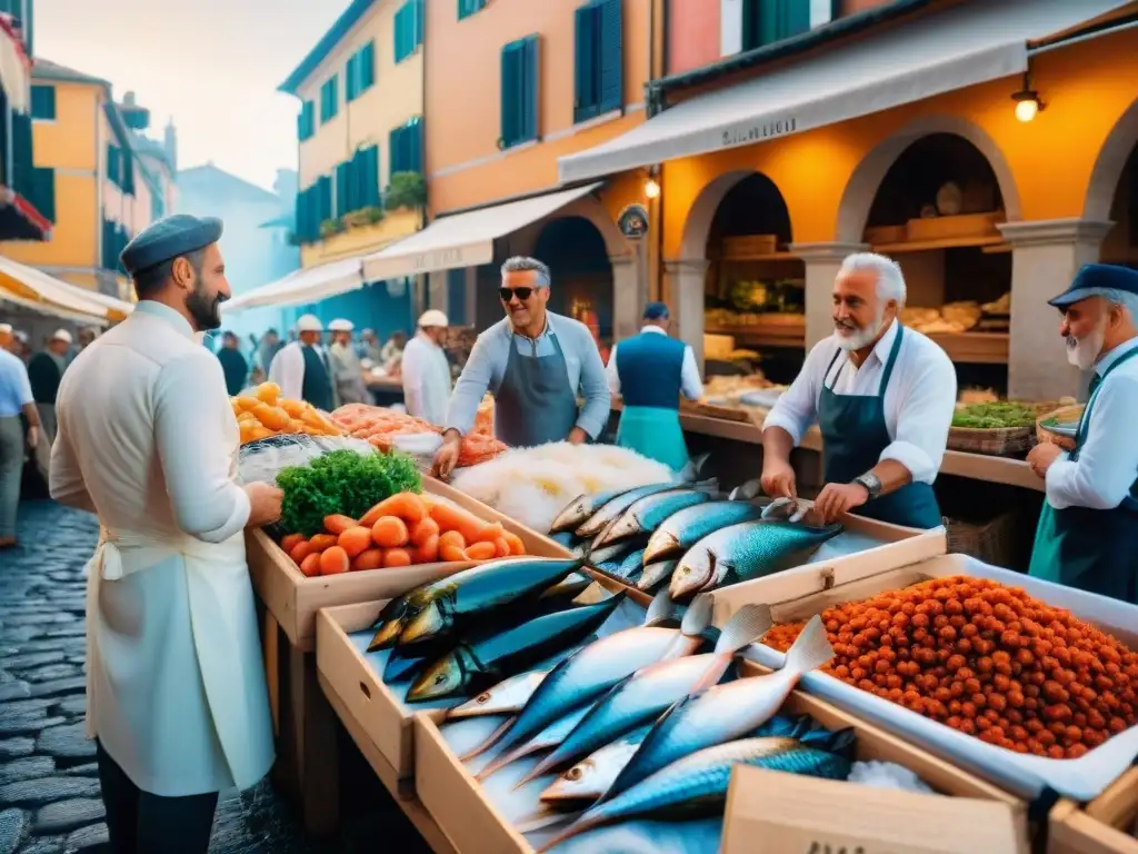 Vibrante mercado de pescado italiano con pescadores, mariscos frescos y bulliciosa actividad, resaltando los beneficios del pescado en cocina italiana