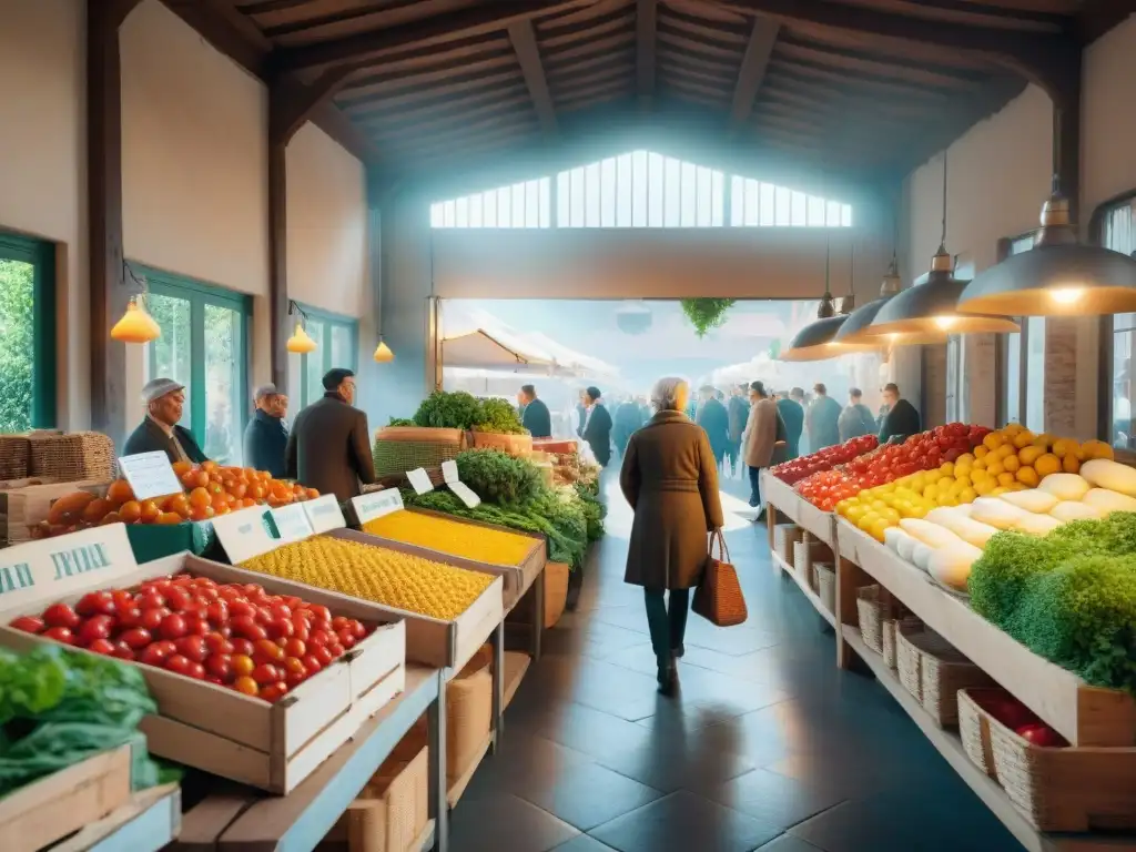 Un vibrante mercado en Italia con productos frescos y locales, agricultores apasionados y arquitectura tradicional