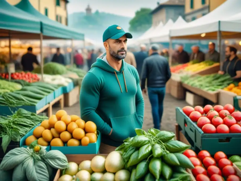 Vibrante mercado de productos locales en Italia, resaltando la importancia de la cocina italiana y el medio ambiente