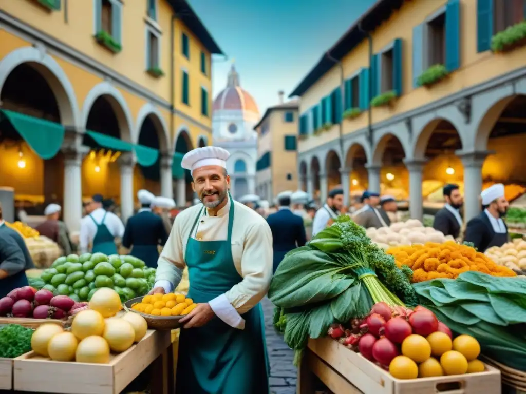 Vibrante mercado renacentista italiano, influencia del arte en gastronomía italiana