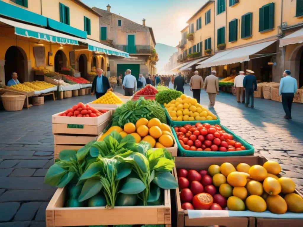 Vibrante mercado siciliano al amanecer con productos frescos y coloridos, reflejando la gastronomía siciliana en su esencia