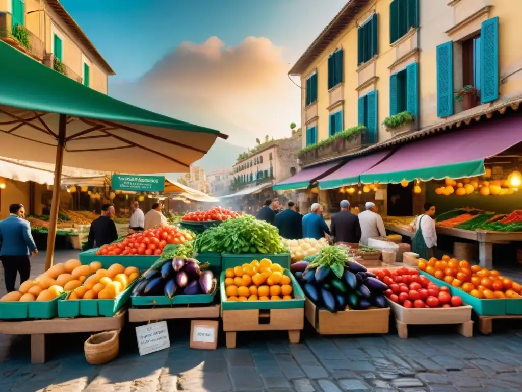 Vibrante mercado siciliano con puestos repletos de vegetales frescos