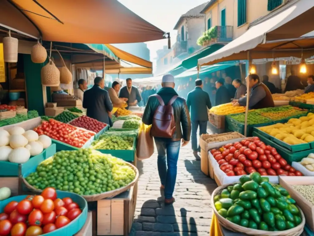 Un vibrante mercado siciliano con vendedores ofreciendo productos frescos como tomates jugosos, albahaca aromática y limones