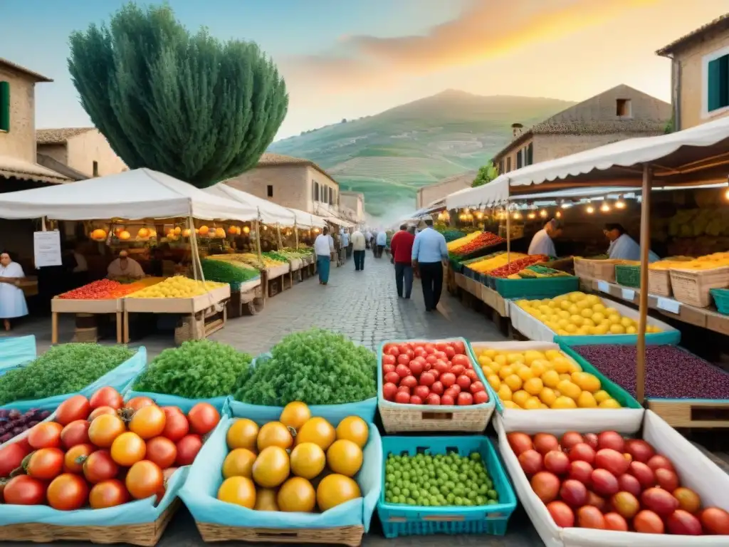 Un vibrante mercado siciliano entre viñedos, exhibiendo la rica gastronomía local