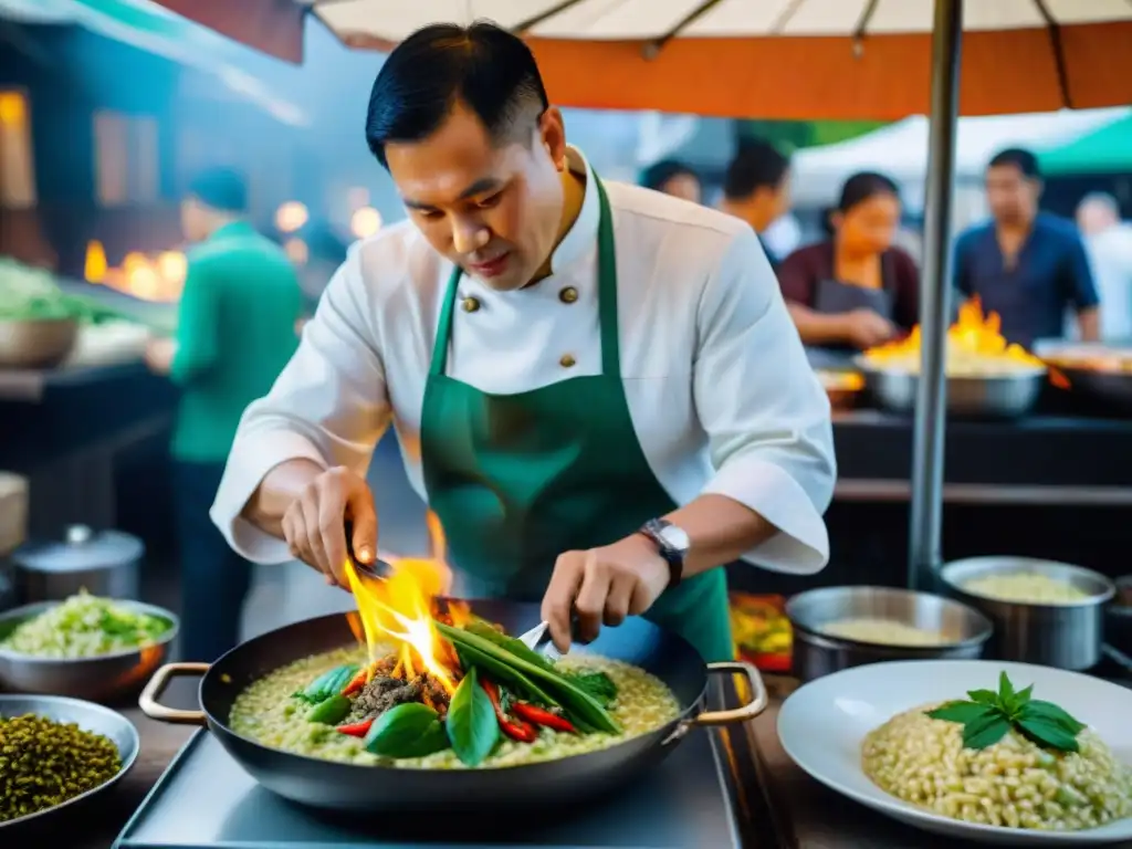 Un vibrante mercado tailandés con un vendedor preparando un risotto de curry verde tailandés en un wok tradicional sobre fuego abierto, mostrando la fusión de recetas internacionales