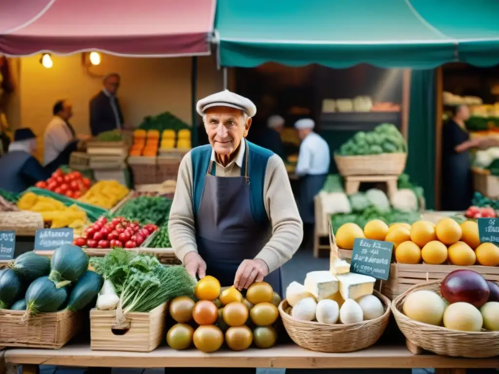 Vibrante mercado tradicional en el norte de Italia con coloridas frutas, verduras y quesos locales