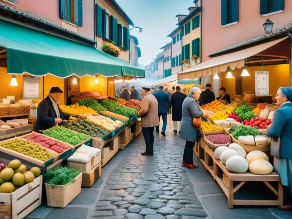 Un vibrante mercado tradicional en el norte de Italia con productos locales y coloridos bajo toldos, clientes y edificios históricos