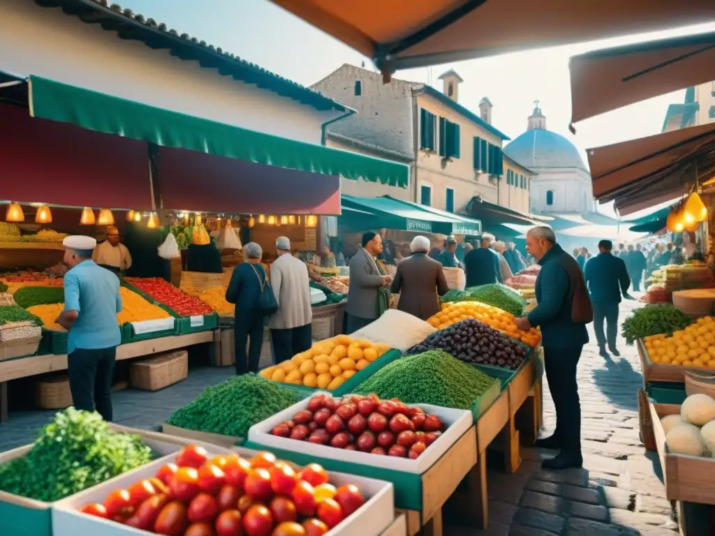 Un vibrante mercado tradicional en Italia con productos frescos y coloridos como tomates, aceitunas, hierbas y quesos artesanales