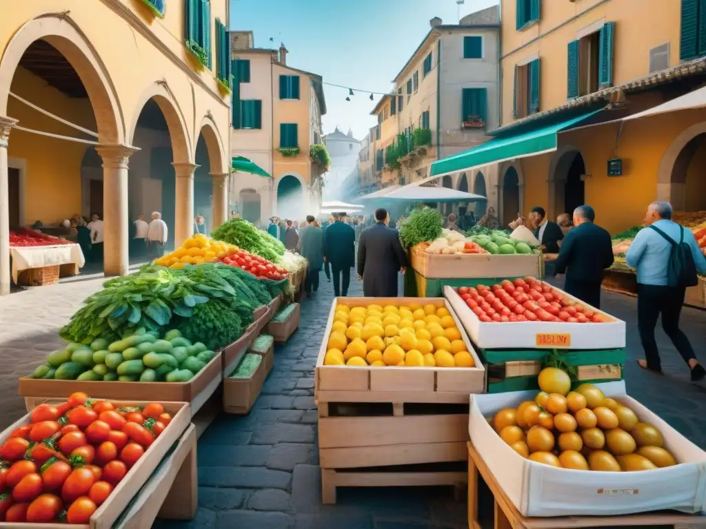 Un vibrante mercado tradicional en Italia con puestos coloridos rebosantes de productos frescos