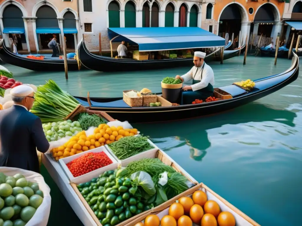 Vibrante Mercato di Rialto en Venecia con chefs seleccionando ingredientes frescos