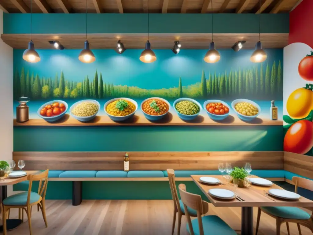 Un vibrante mural en una galería de arte contemporáneo ilustra una bulliciosa escena de cocina italiana