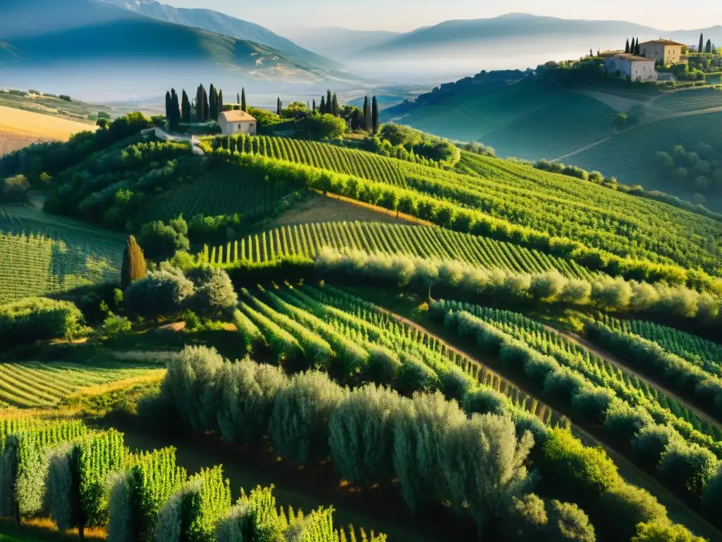 Vibrante paisaje rural italiano con viñedos y olivares bajo el sol dorado