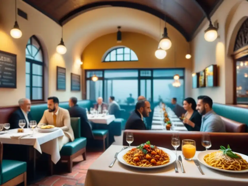 Un vibrante restaurante italiano en el extranjero con diversidad de comensales disfrutando de pasta y pizza en un ambiente acogedor y tradicional