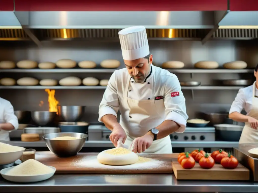 Un vibrante retrato de una bulliciosa cocina italiana, con chefs preparando platos tradicionales como pasta casera, pizzas al horno y tiramisú