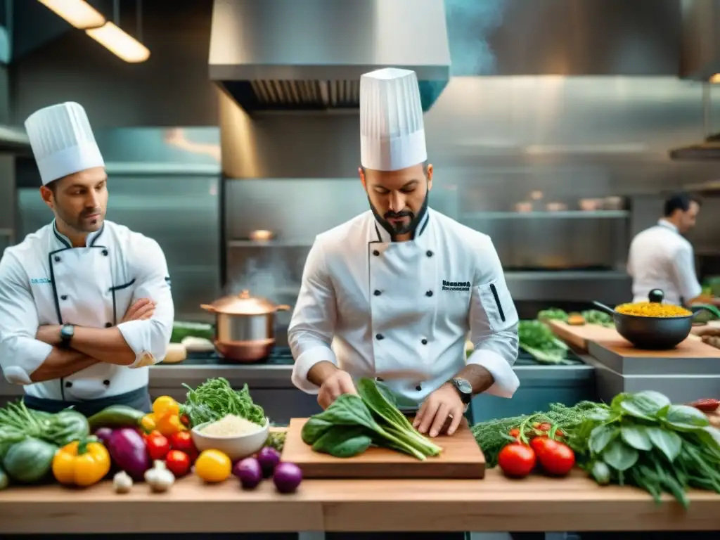 Un vibrante retrato de chefs en una cocina urbana, creando platos italianos innovadores rodeados de huertos urbanos