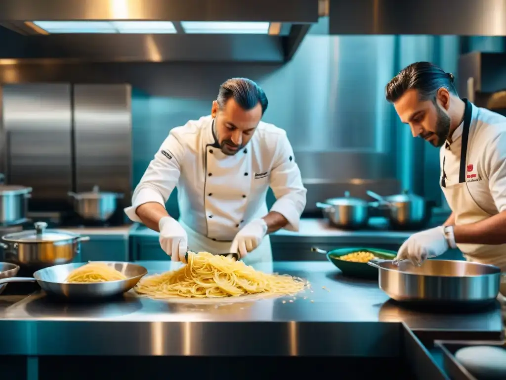 Un vibrante retrato de chefs italianos maestros en una cocina bulliciosa, mostrando técnicas culinarias y pasión por la gastronomía italiana