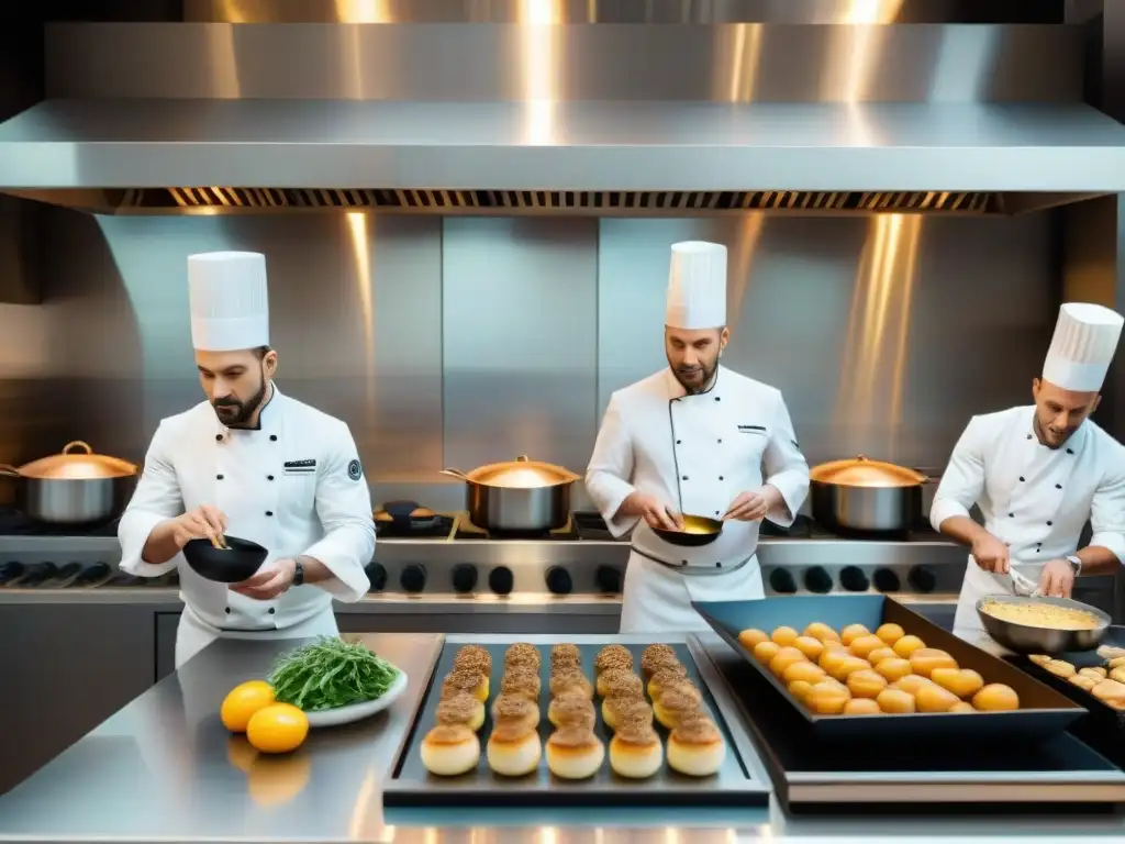 Un vibrante retrato de una cocina italiana moderna, chefs preparando plato fusión, influenciados por compositores italianos