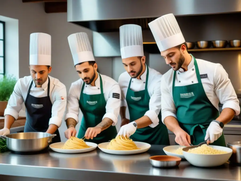 Un vibrante retrato de jóvenes chefs italianos en una cocina tradicional, creando platos clásicos con pasión y destreza