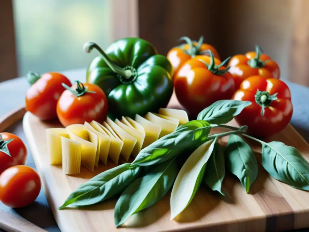 Una vibrante selección de ingredientes italianos frescos en una tabla de madera rústica, iluminados por la luz natural