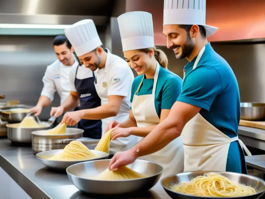 Un vibrante taller de cocina italiana en una escuela culinaria: estudiantes aprenden a hacer pasta con un chef italiano