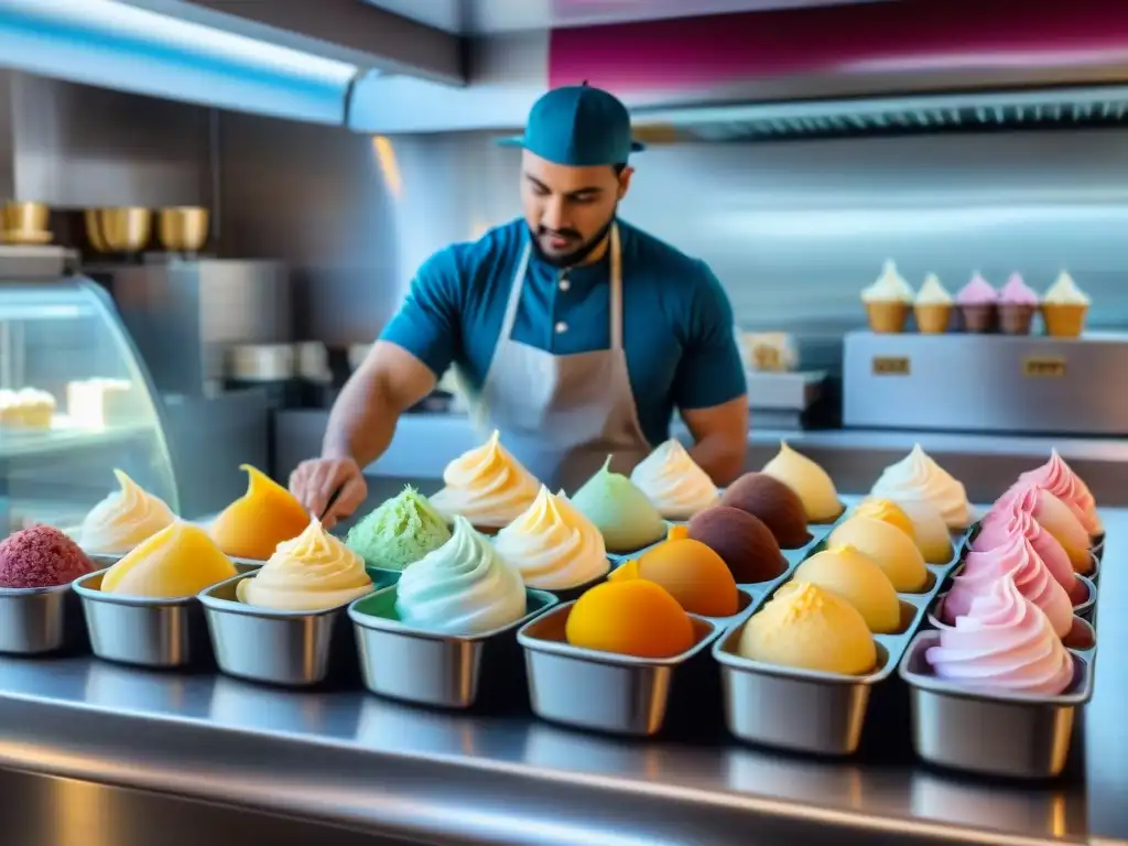 Vibrante heladería en Italia con variedad de sabores de gelato en exhibición, maestro preparando con destreza un cono