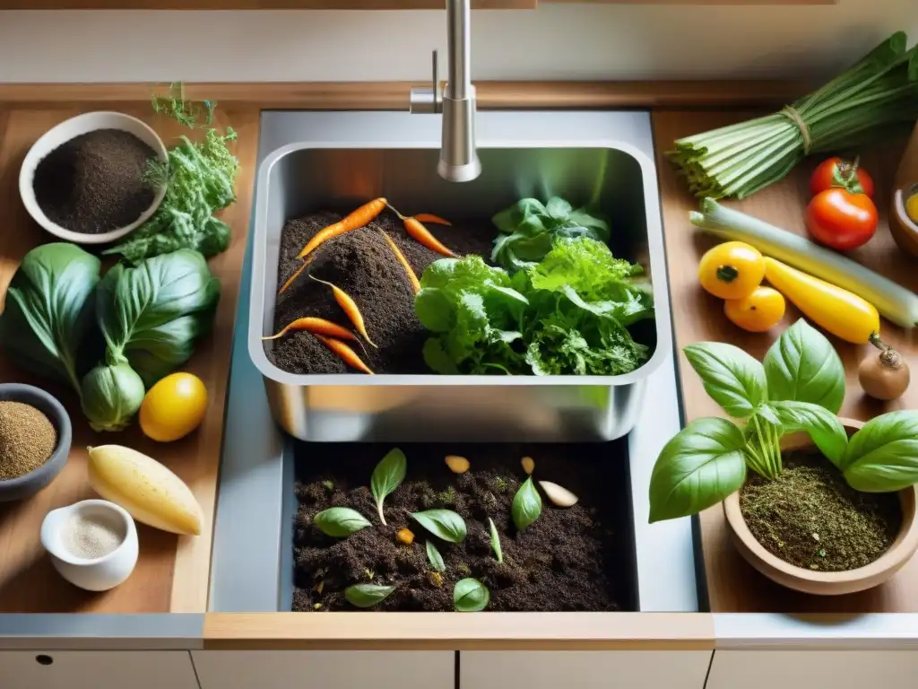 Un vibrante jardín de vegetales en una cocina italiana, resaltando el proceso de compostaje y la sostenibilidad