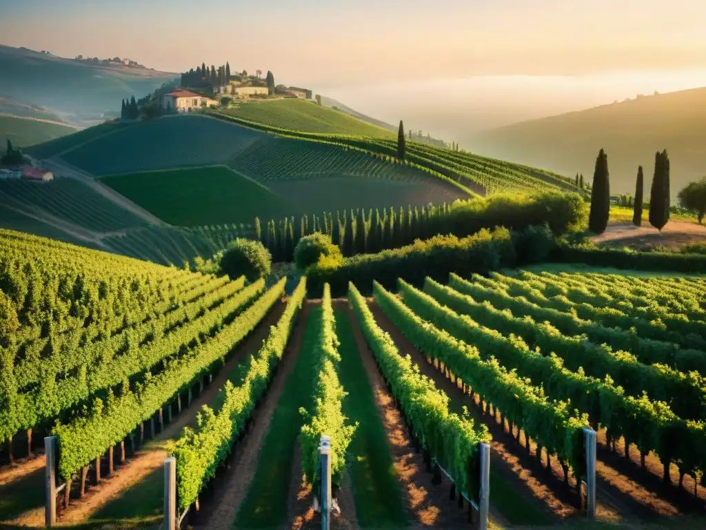 Vibrante viñedo italiano al atardecer, lujo y serenidad entre viñas y cipreses