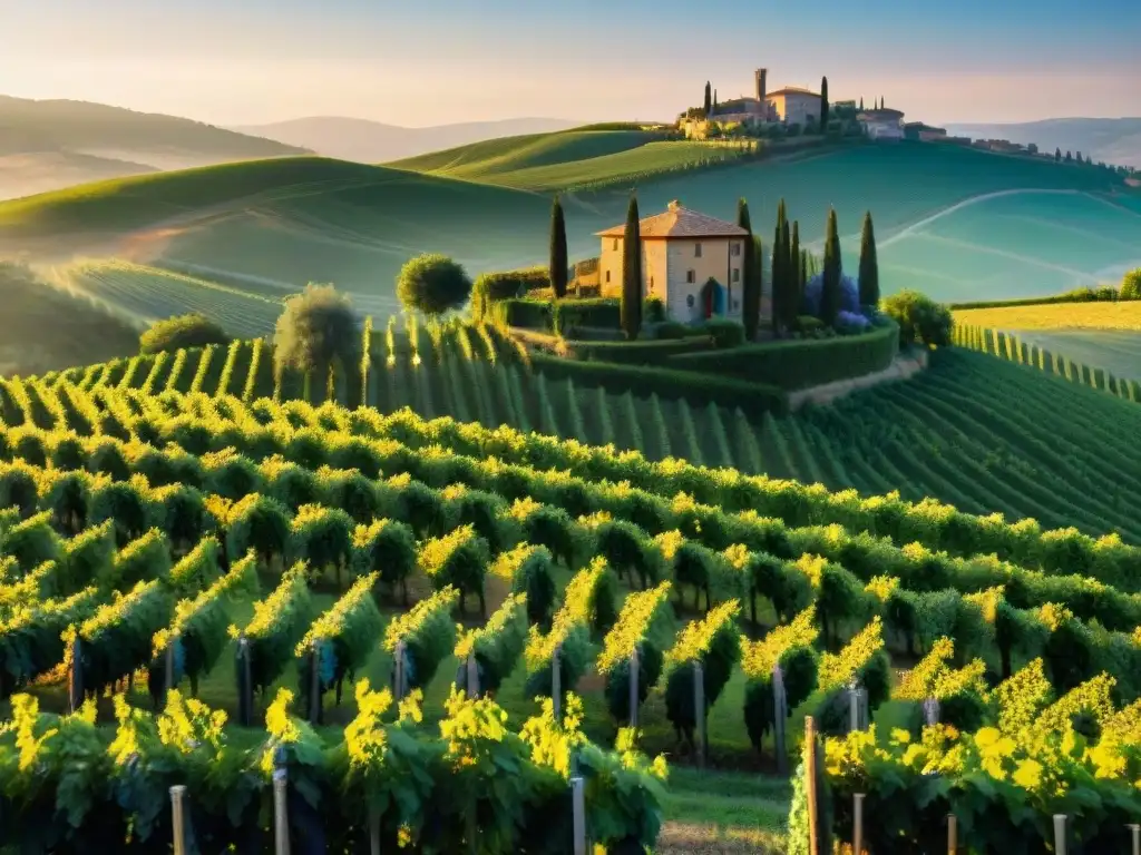 Vibrante viñedo italiano al amanecer con filas de uvas doradas y casa de piedra