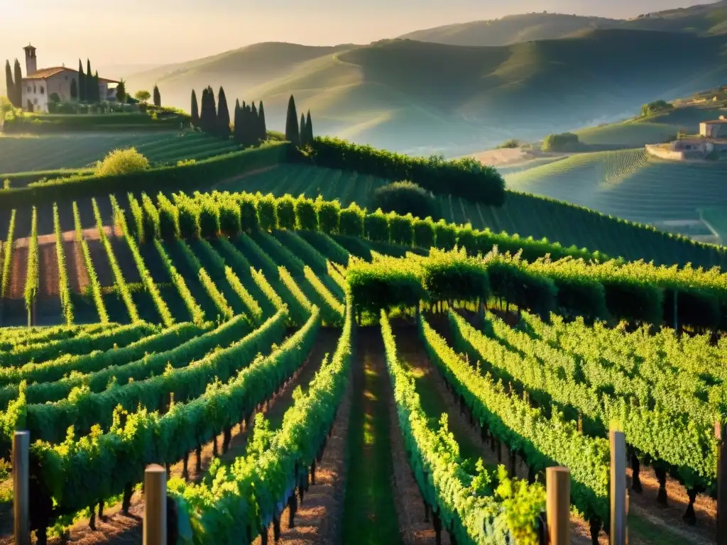 Paisaje de viñedo italiano al amanecer: historia y tradición en cada racimo Vibrante amanecer en viñedo italiano, con filas de viñas verdes bajo el sol dorado