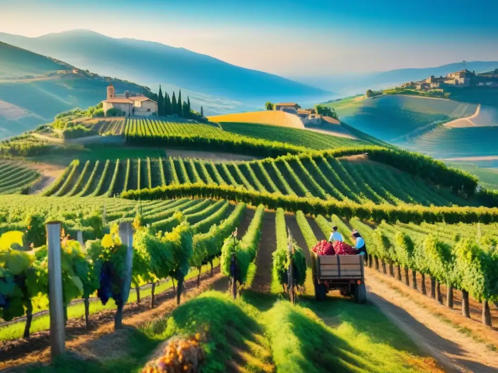 Un vibrante viñedo italiano en plena temporada de cosecha, con agricultores sonrientes recolectando uvas maduras a mano