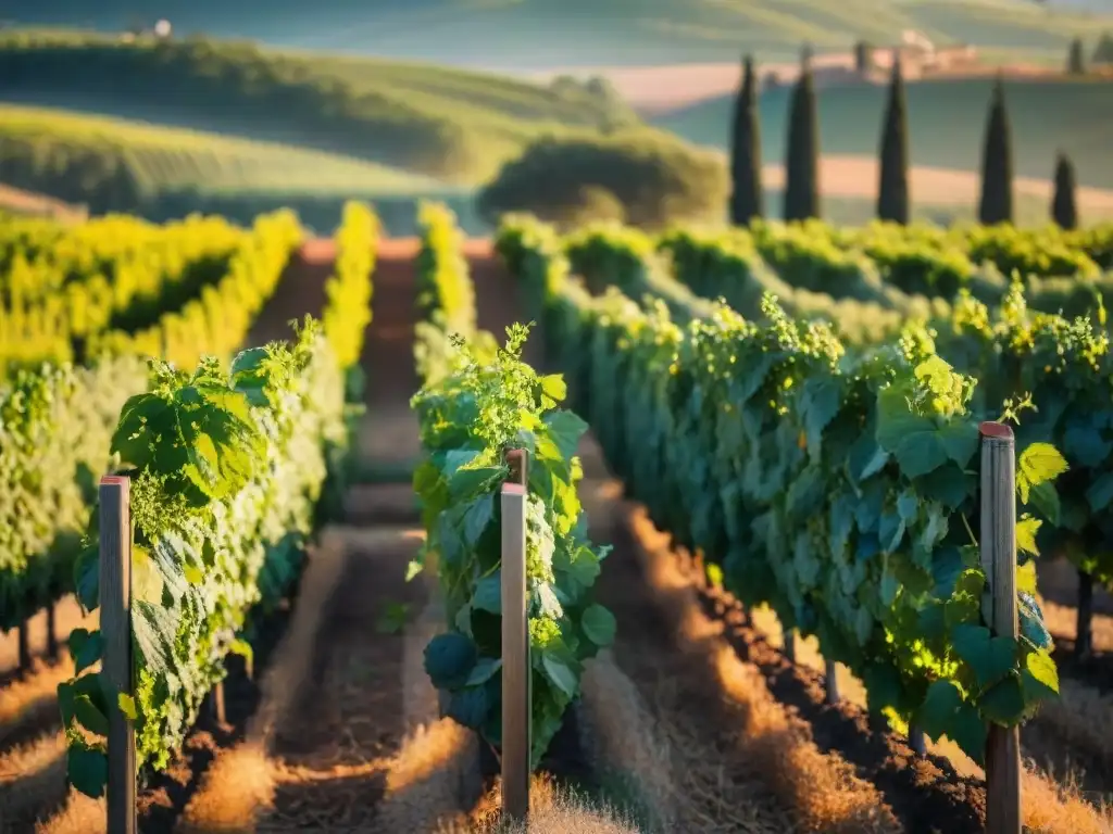 Vibrante viñedo toscano al atardecer con hierbas aromáticas y especias italianas tradicionales