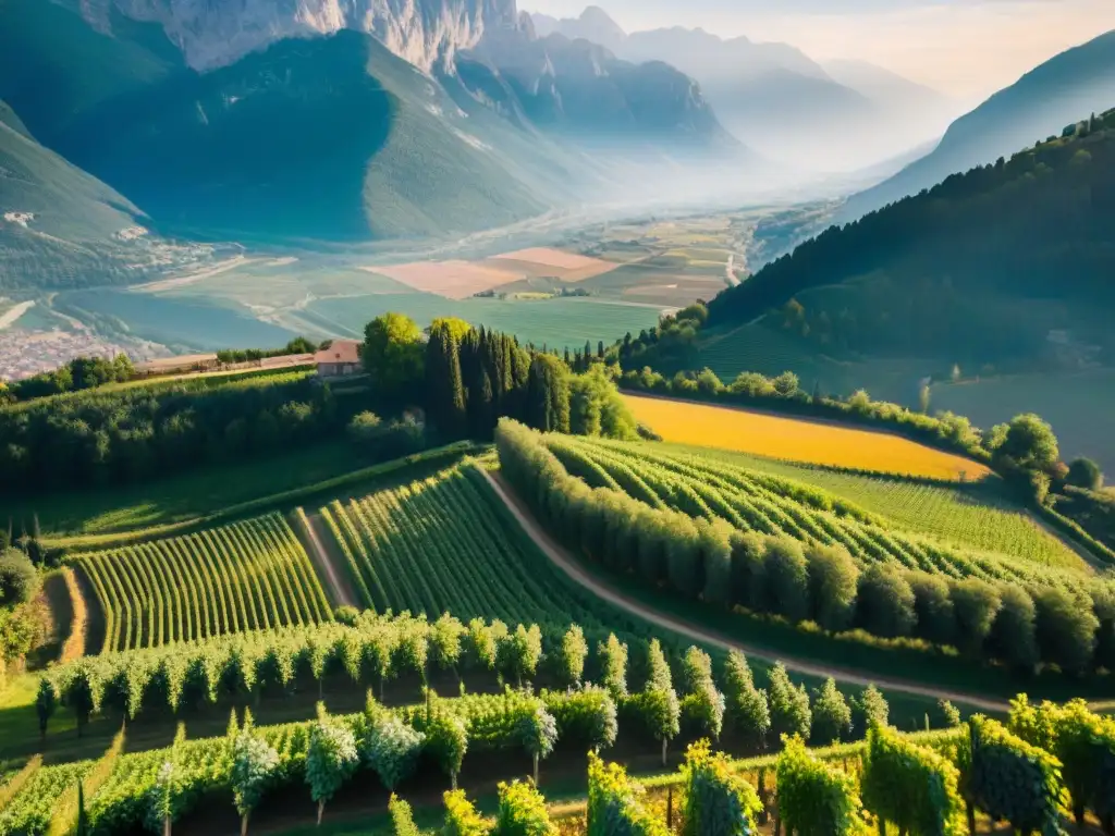 Vibrante vista aérea de viñedos en Trento, Italia, bajo el sol de los Alpes