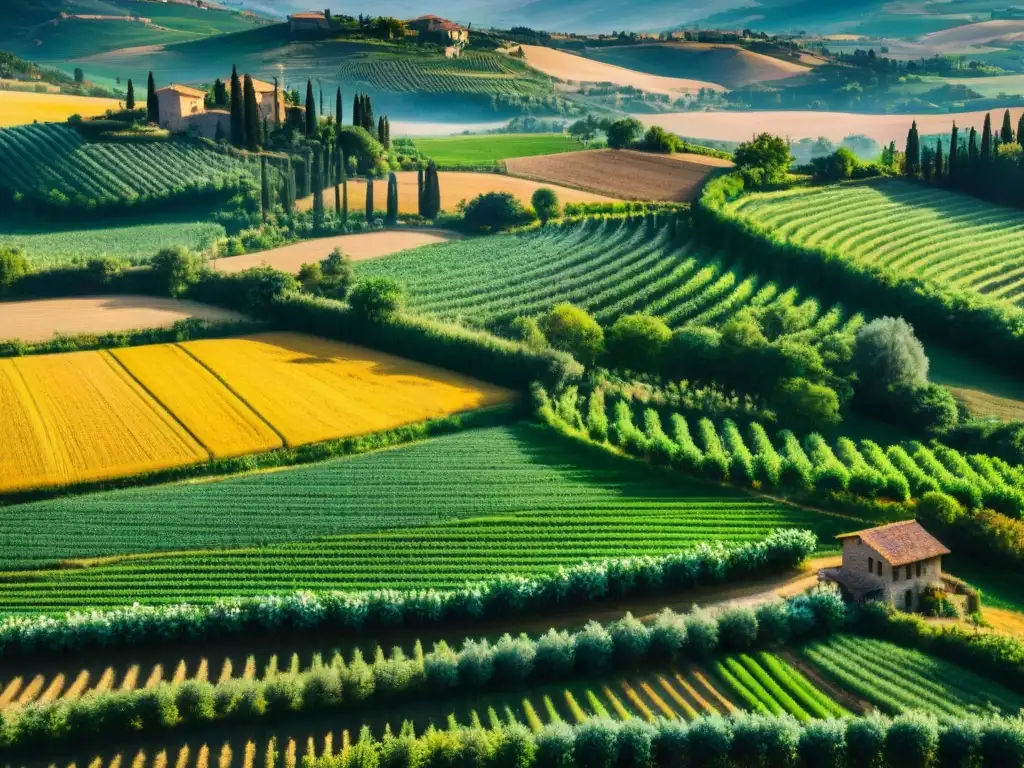 Vibrantes campos orgánicos en las colinas de la Toscana, Italia, bajo el cálido sol mediterráneo