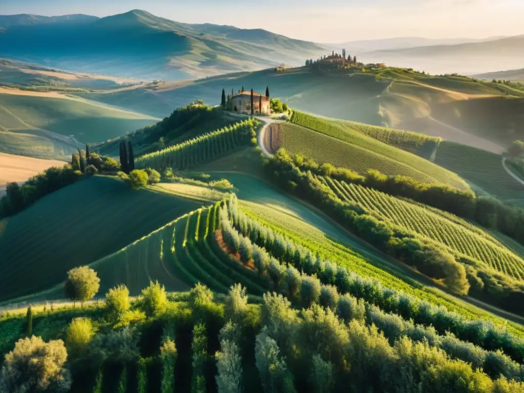 Vibrantes viñedos y granjas en colinas de la Toscana, Italia