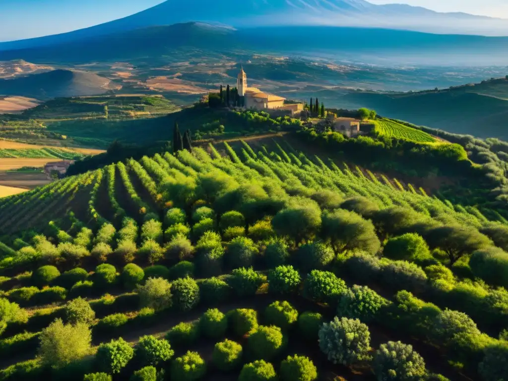 Vibrantes limonares y olivos en colinas sicilianas con el majestuoso Etna al fondo, influencia gastronomía siciliana en tendencias