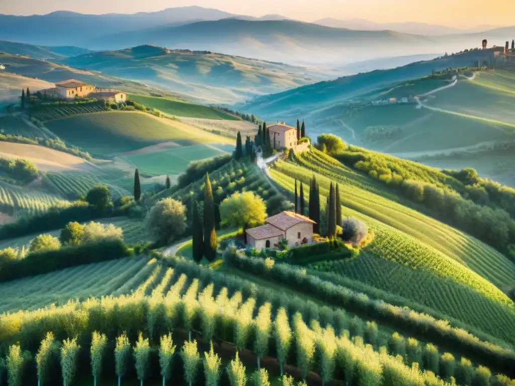 Vibrantes viñedos y olivares en colinas de Toscana al atardecer