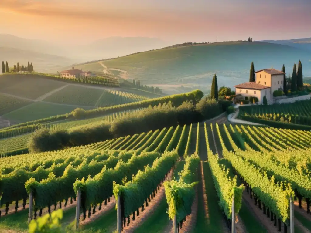 Vibrantes viñedos de Valpolicella al atardecer, bajo cielos cálidos, evocando la magia de la región vinícola Veneto