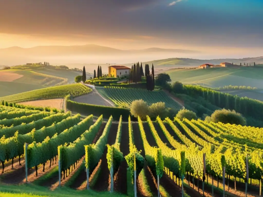 Vibrantes viñedos toscanos al atardecer, escenario mágico de la historia del taller de vinos italianos