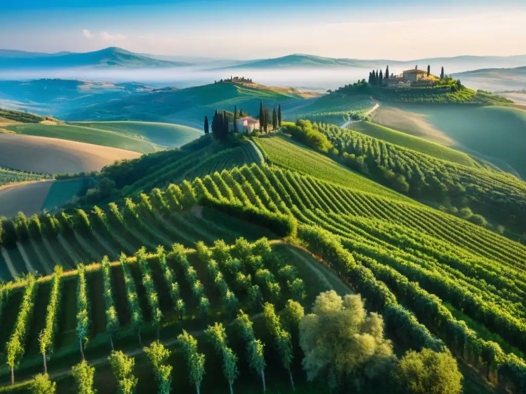 Vibrantes viñedos verdes en las colinas de la Toscana, Italia, bajo un cielo azul