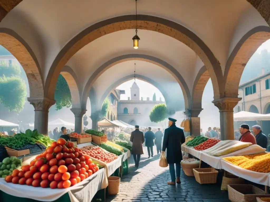 La vida bulliciosa de un mercado italiano con productos frescos, donde huertos urbanos revolucionan la cocina italiana