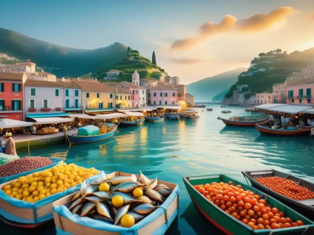 Vida y colores de un mercado de pescado en un encantador pueblo pesquero del sur de Italia