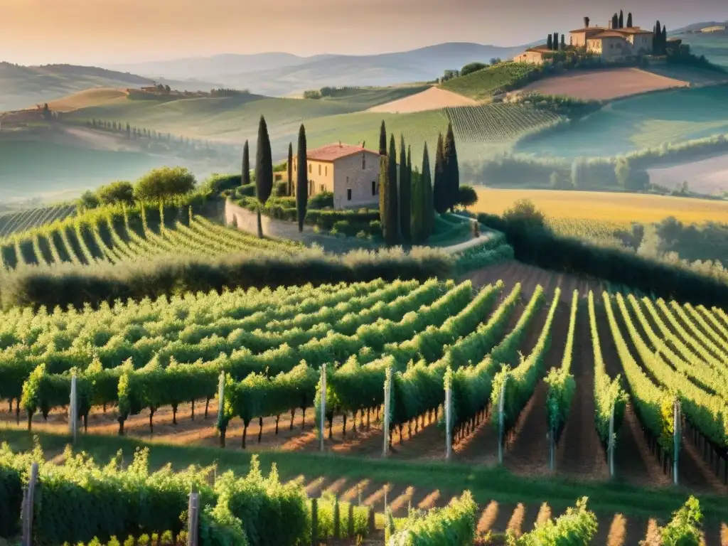 Vides verdes cargadas de uvas maduras en una bodega de la Ruta del vino en Italia al atardecer